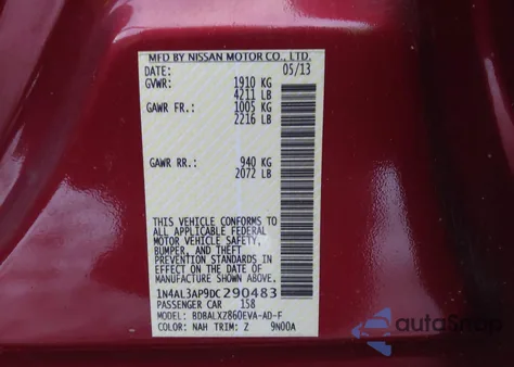 2013 Nissan Altima 2.5 Sl from USA, damaged, VIN 1N4AL3AP9DC290483